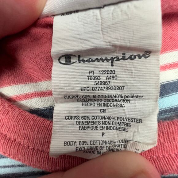 Champion Stripe Tee Coral Blue White Retro Skater Fit Small - Picture 6 of 6